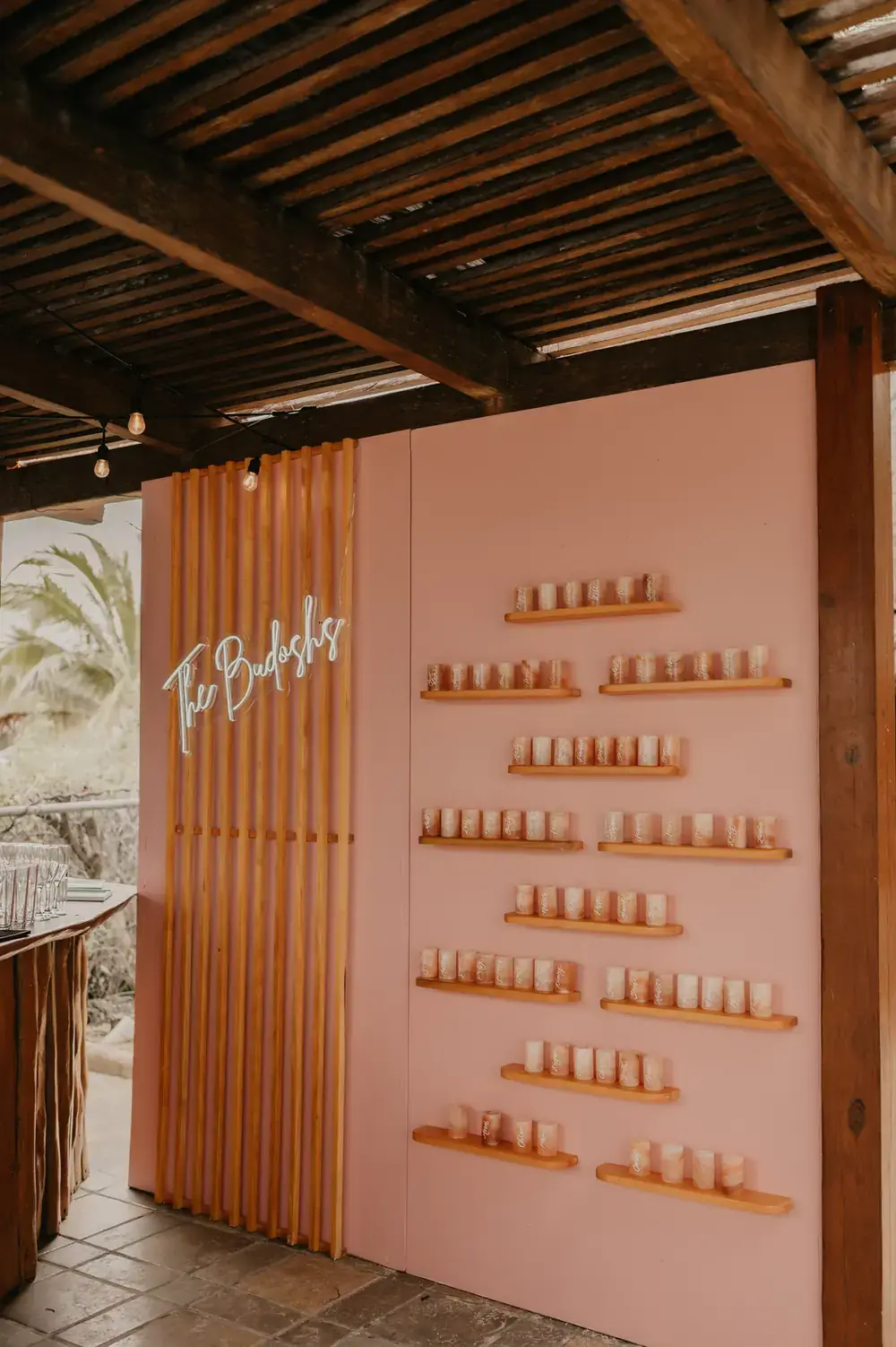 Blush champagne wall with neon script signage